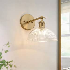Noble 8.5 in. 1-Light Brushed Brass Vintage Industrial Wall Sconce with Clear Ribbed Bowl Glass Shade