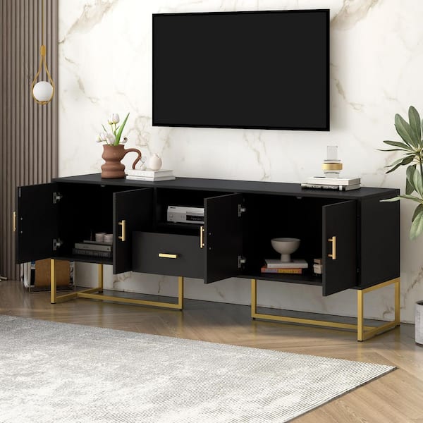 68.9 in. Black TV Stand Fits TVs Up to 70 in. with Drawer and Metal Legs
