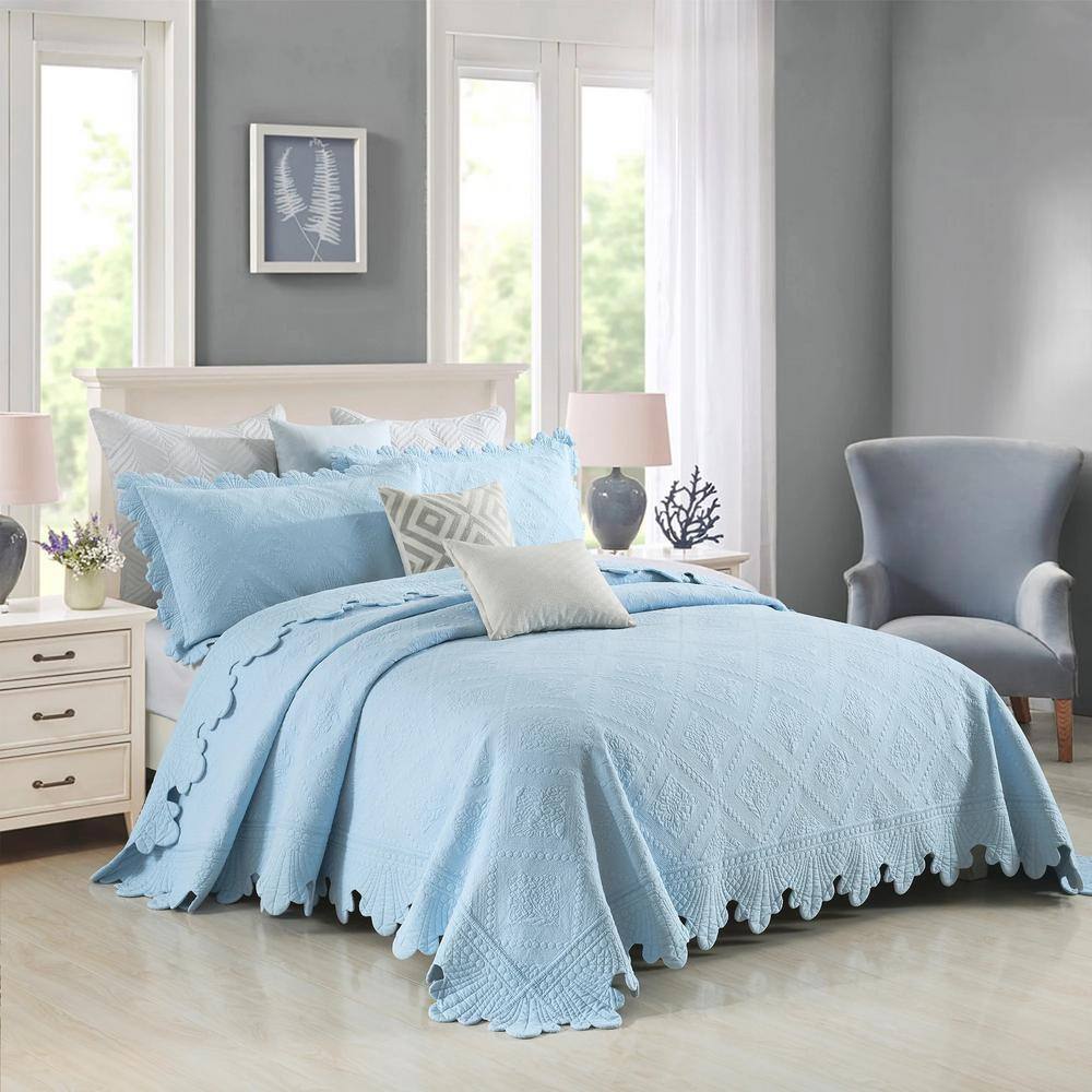 Light Blue Cotton Queen Reversible Bedspread Set