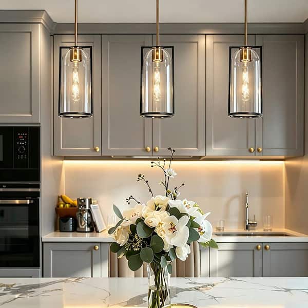 Transitional 1-Light Black and Plated Brass Island Pendant Light with Clear Bottle Glass Shade, Foyer Hanging Light