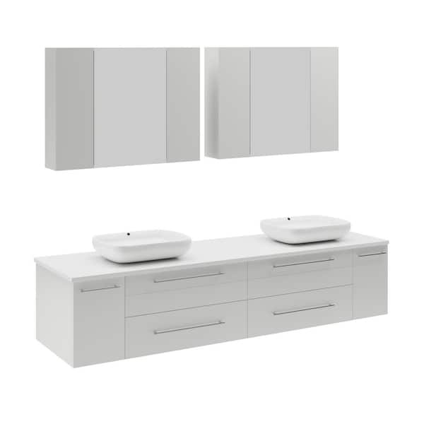 Fresca Lucera 72 in. Double Sink Wall Mount White Bath Vanity with White Quartz Top, Vessel Sinks and Medicine Cabinets