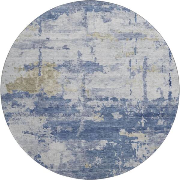 Mayfield Premium Machine Washable Abstract AMF2362 Navy 8 ft. x 8 ft. Round Rug