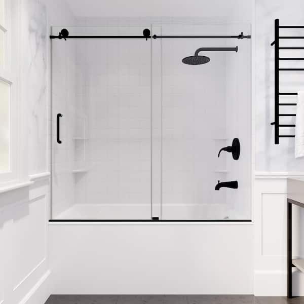 ANZZI Don Series 60 in. x 62 in. Frameless Sliding Bathtub Door in Matte Black with Handle