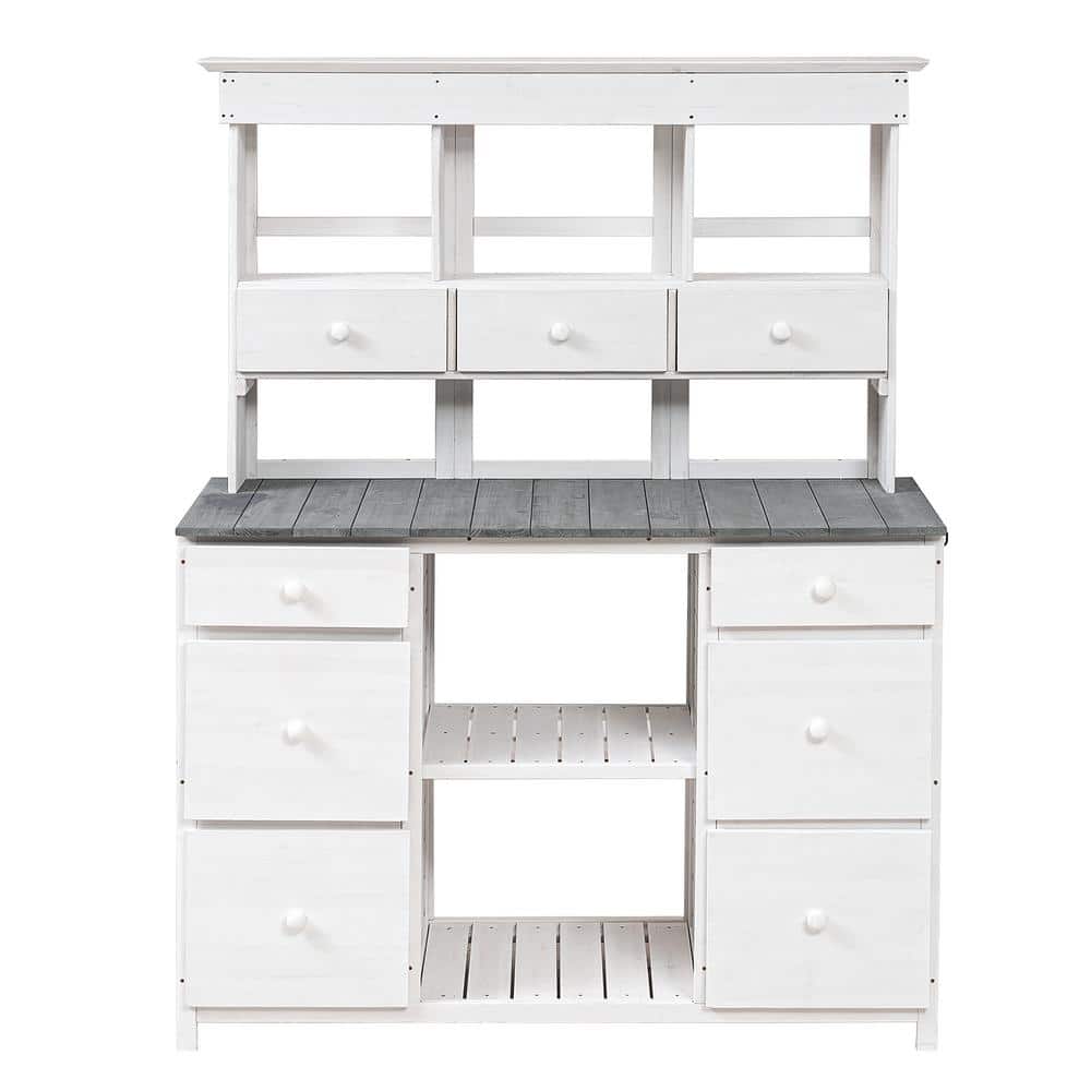 50 in. W x 65.7 in. H White Wood Outdoor Garden Potting Bench Table with Mu