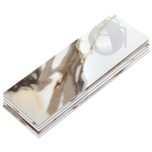 sunwings Subway Calacatta Gold 4 in. x 12 in. Glossy Vinyl Peel and Stick Backsplash Acrylic Wall Tile (30-Pack)
