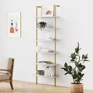 Theo 85 in. White/Gold Brass Reclaimed Wood 6-Shelf Tall Ladder Bookshelf Wall Mount Bookcase with Metal Frame