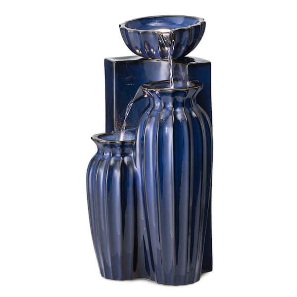 Glitzhome 26.7 in. H Outdoor Waterfall 3-Tiered Cobalt Blue Fluted Texture Ceramic Floor Fountain with Pump and LED Light