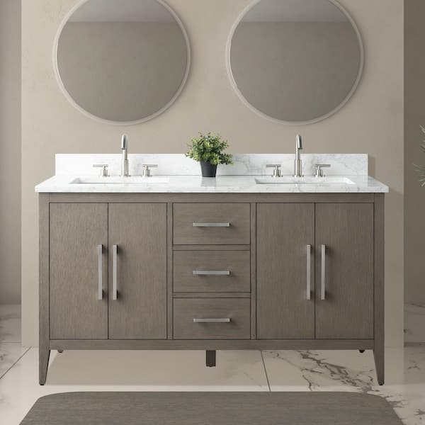 60 in. W x 22 in. D x 34 in. H Double Sink Bathroom Vanity Cabinet in Driftwood Gray with Engineered Marble Top in White