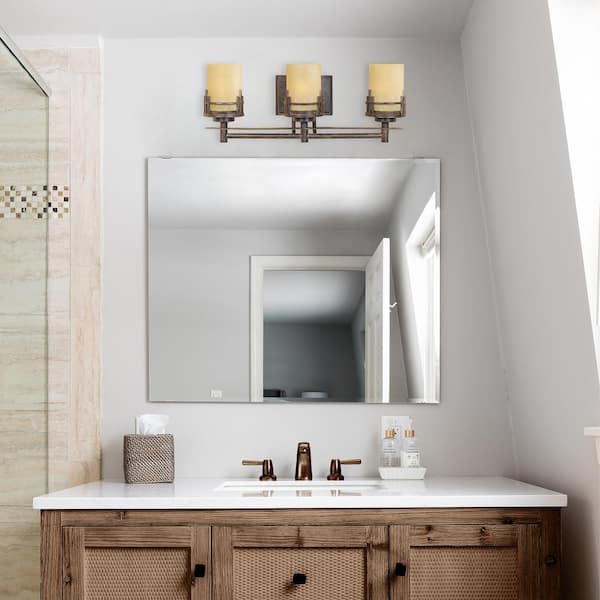 Mission Ridge 23.5 in. 3-Light Warm mahogany Mission Vanity Light with Goldenrod Glass Shades