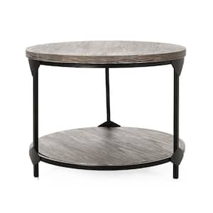 Cedarhurst 23 in. x 17.5 in. Grey Round Wood Coffee Table with Shelves