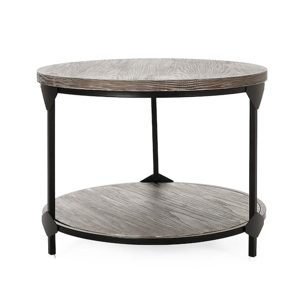 Noble House Cedarhurst 23 in. x 17.5 in. Grey Round Wood Coffee Table with Shelves