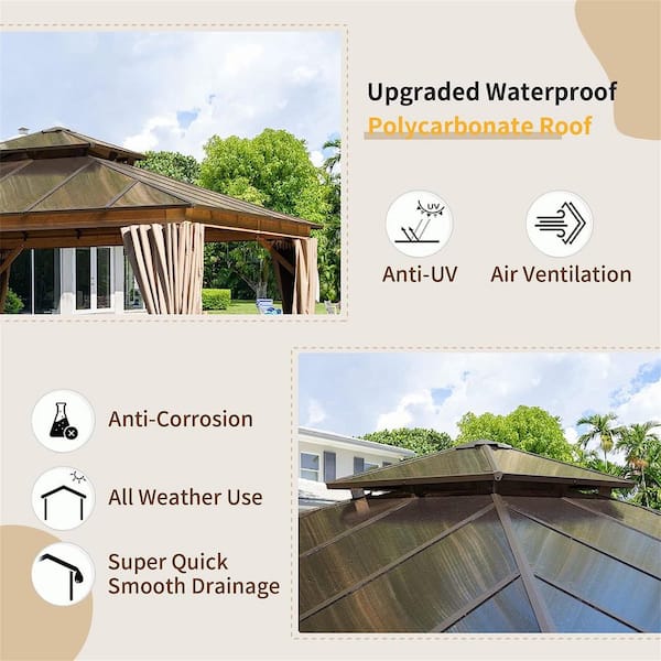 12 ft. x 12 ft. Permanent Outdoor Gazebo with Poly Carbonate  Roof, Hooks, Curtain and Net (Wood-Looking)