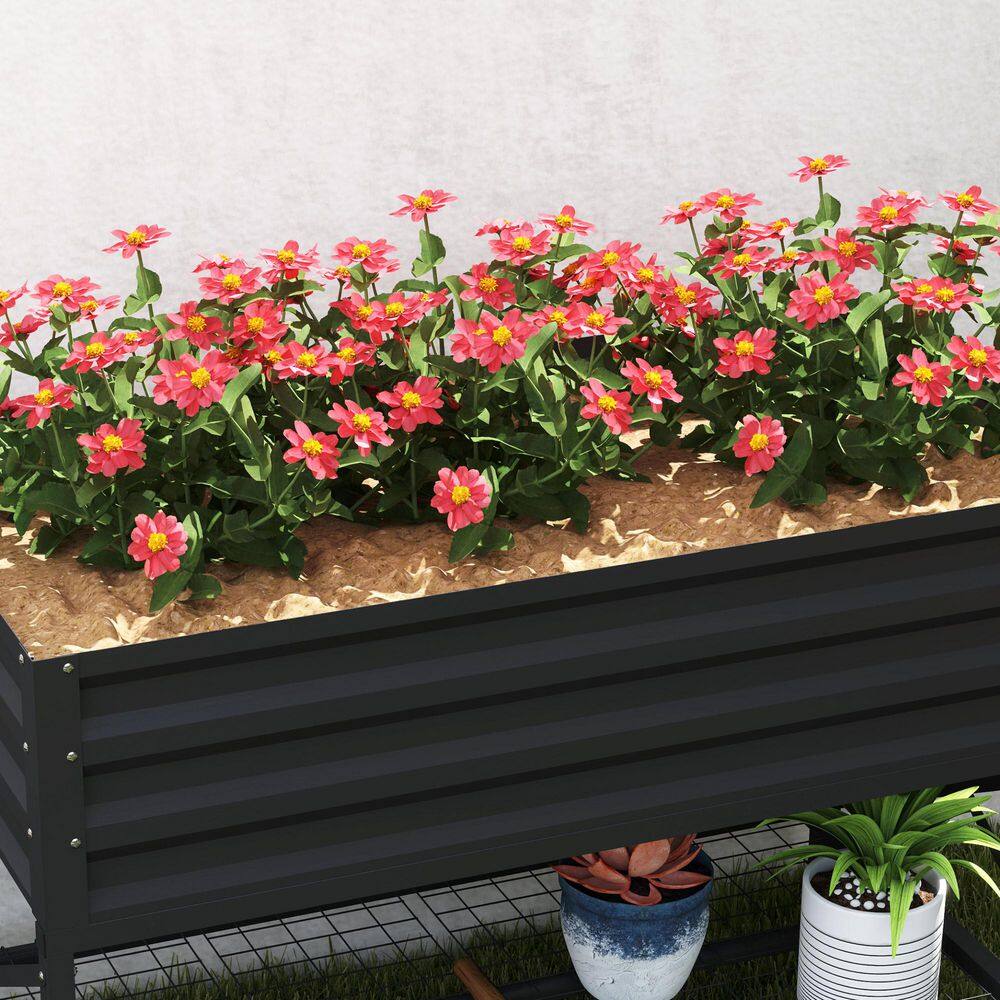 Gray Galvanized Metal Raised Garden Bed with Storage Shelf