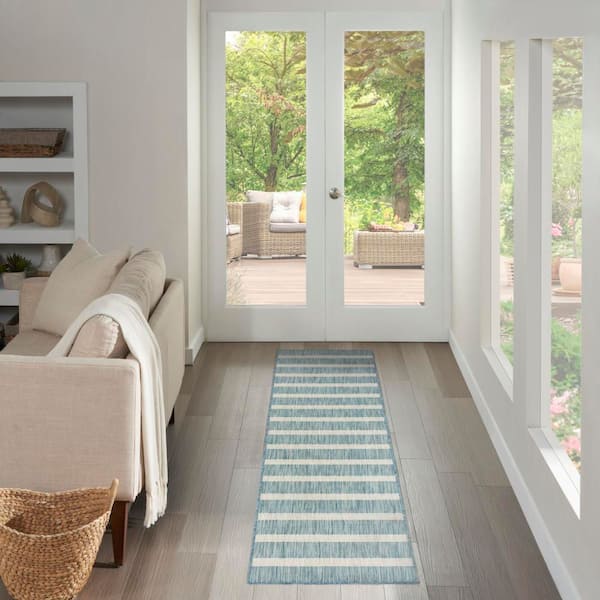 Positano Aqua Ivory 2 ft. x 10 ft. Stripes Contemporary Runner Area Rug