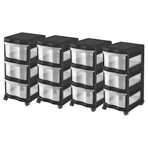 13.2 in. H x 27.75 in. W x 15.5 in. D Classic 3 Shelf Storage Organizer Plastic Drawers Black (4-Pack)