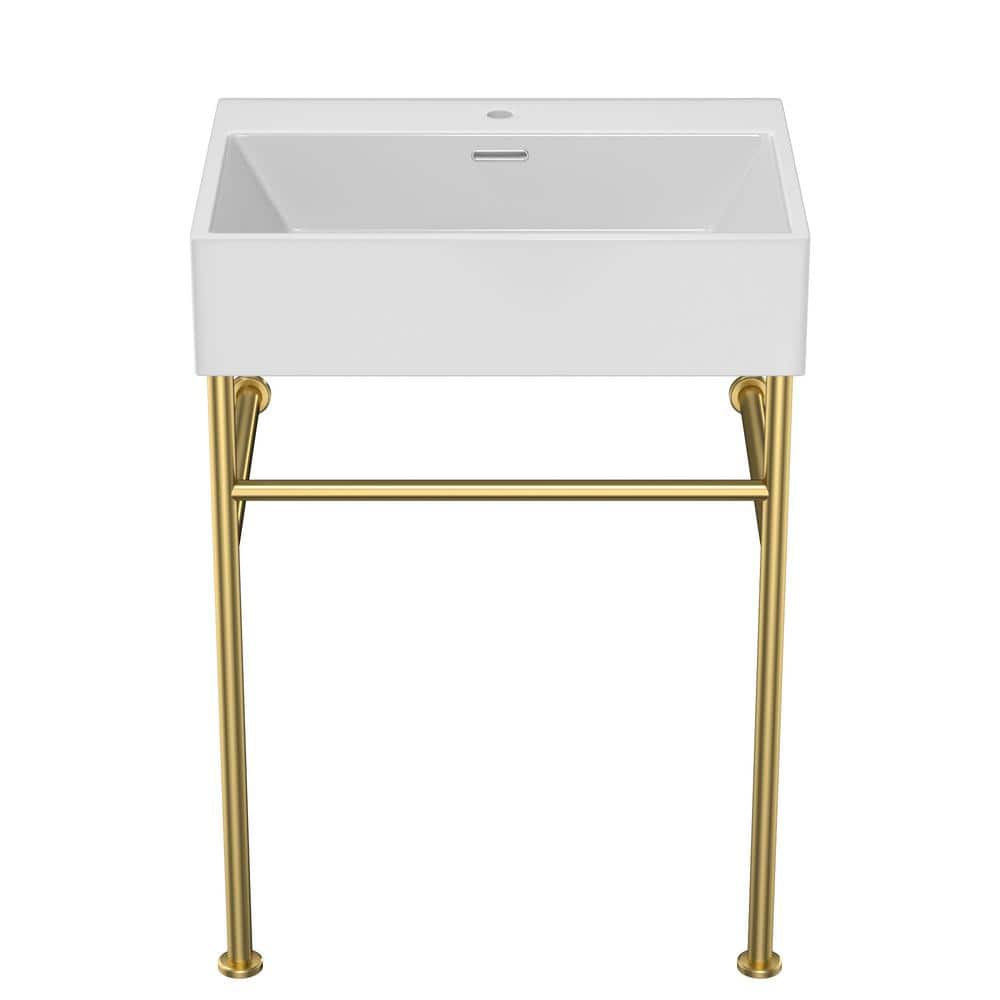 24 Inch White Ceramic Console Sink with Gold Metal Legs