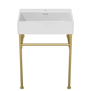 24 in. Ceramic White Single Bowl Console Sink with Basin and Gold Leg