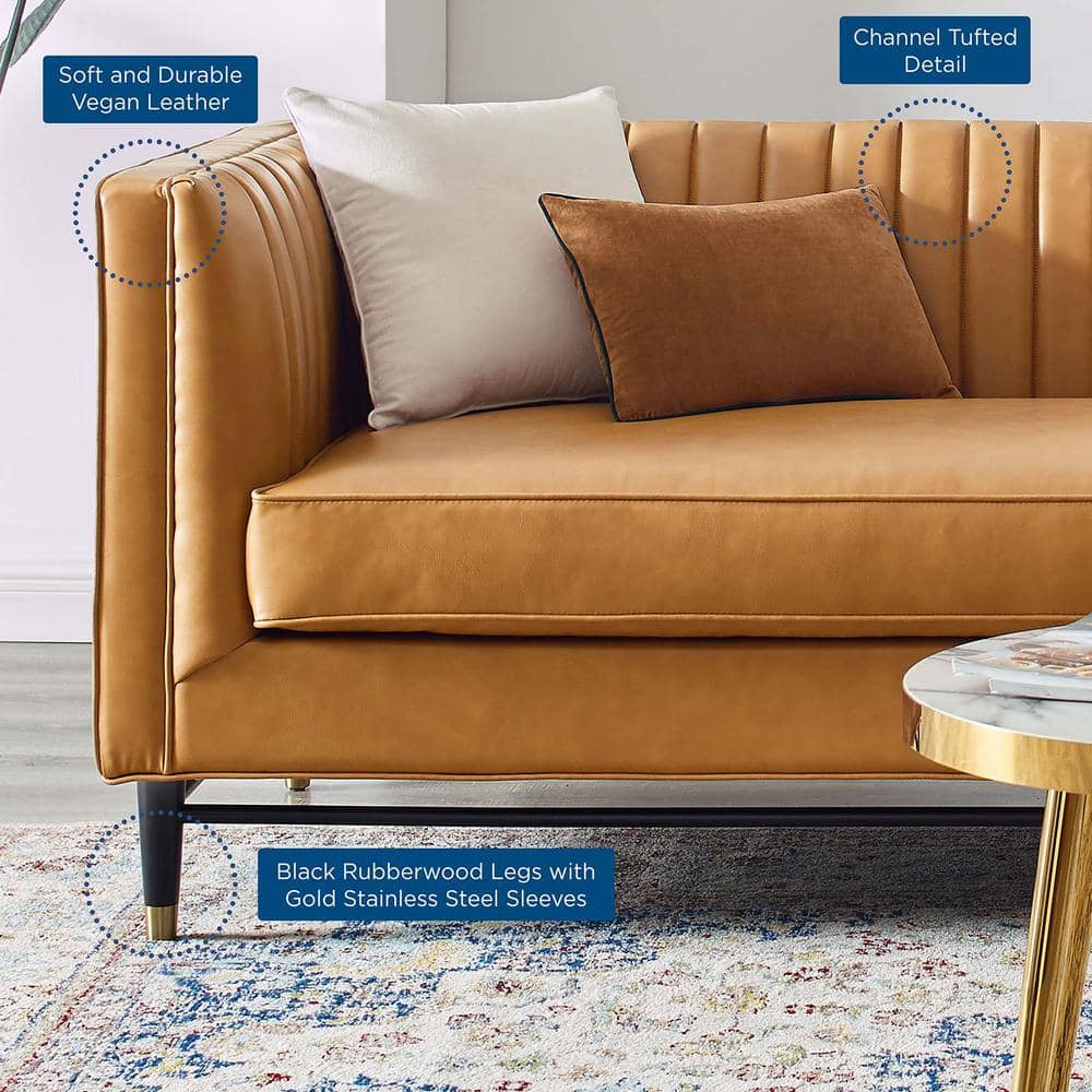 Devote Channel Tufted Vegan Leather Sofa in Tan