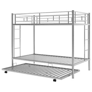 Silver Twin Size Metal Bunk Bed with Trundle Twin Over Twin Bunk Bed Frame with 2-Ladders and Safety Rails for Kids
