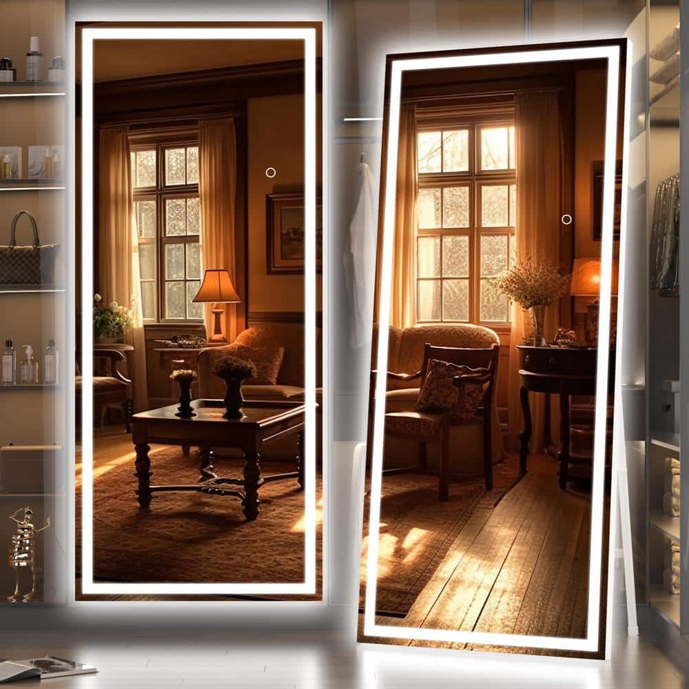 24 in. W x 71 in. H Square White LED Lighted Floor Standing Mirror, Full Bo