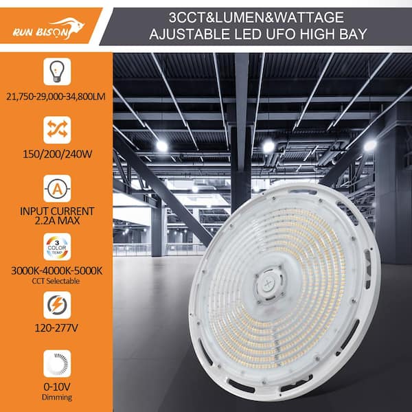 RUN BISON 13 in. 240W White Integrated LED UFO High Bay Light Garage Light, Up To 34800LM, 3000/4000/5000K, 0-Volt to 10-Volt