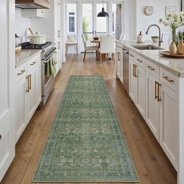 Phuket Island Greeen 2 ft. x 8 ft.  Distressed Vintage Floral Runner Rug