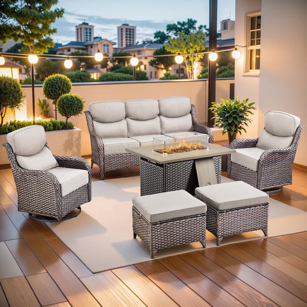 MoonLuxe Brown Wicker Fire Pit Conversation Set with Beige Olefin 6 in. Thick Cushions Patio Swivel Chairs (6-Piece)