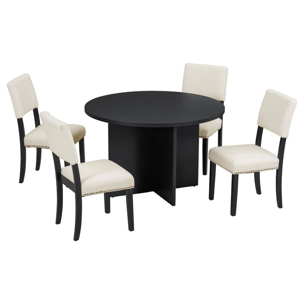Black Modern 5-Piece Wood Outdoor Dining Round Pedestal Table Set with 4-Up