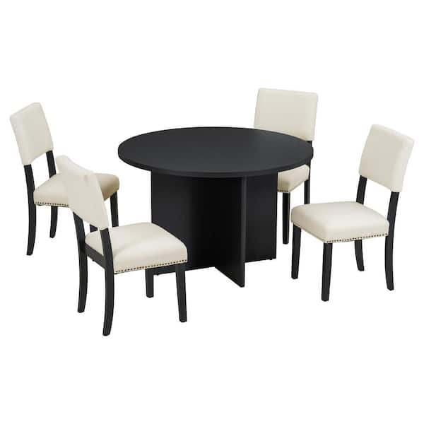 Unbranded Black Modern 5-Piece Wood Outdoor Dining Round Pedestal Table Set with 4-Upholstered Chairs and White Cushions