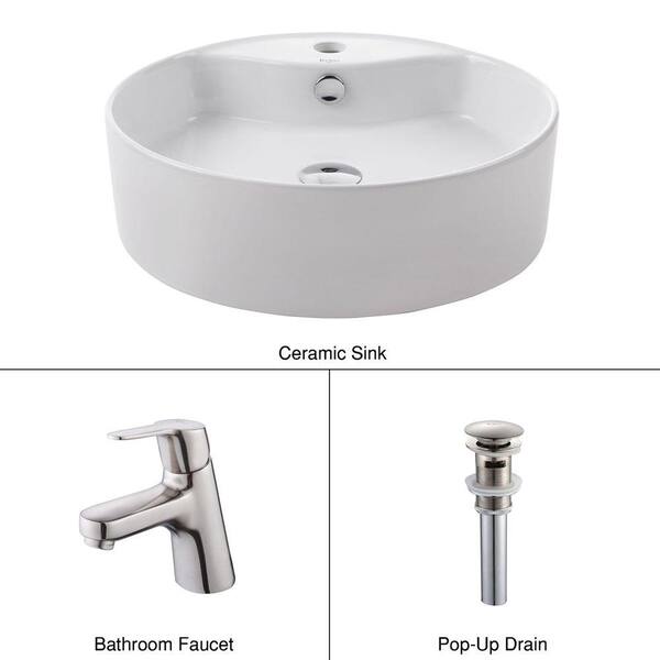 KRAUS Round Ceramic Sink in White with Ferus Basin Faucet in Brushed Nickel