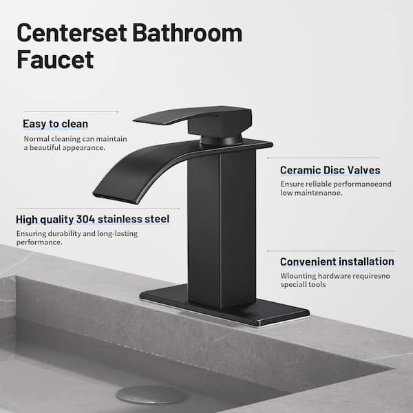 Waterfall Single Hole Single-Handle Low-Arc Bathroom Faucet with Supply Line and Deckplate in Matte Black
