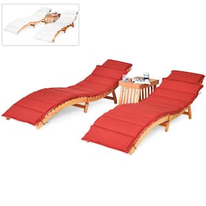 Eucalyptus 3-Piece Wooden Outdoor Chaise Lounge with Multicolor Cushions