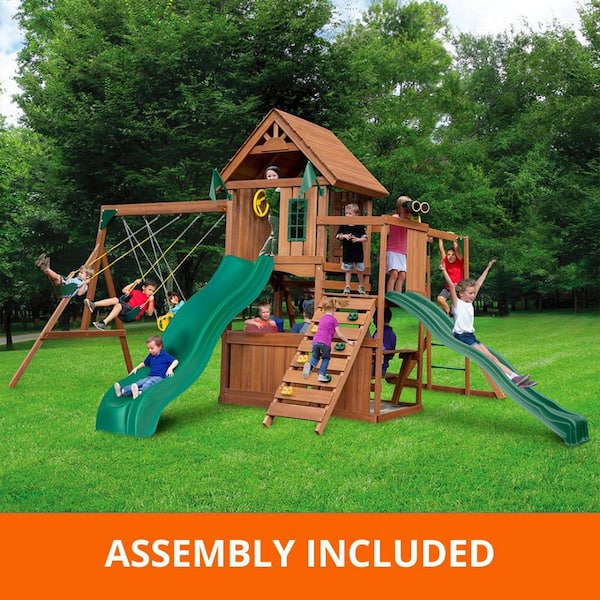 Professionally Assembled Super Knightsbridge Wooden Outdoor Playground Set with Slide, Rock Wall, Swing, and Monkey Bars