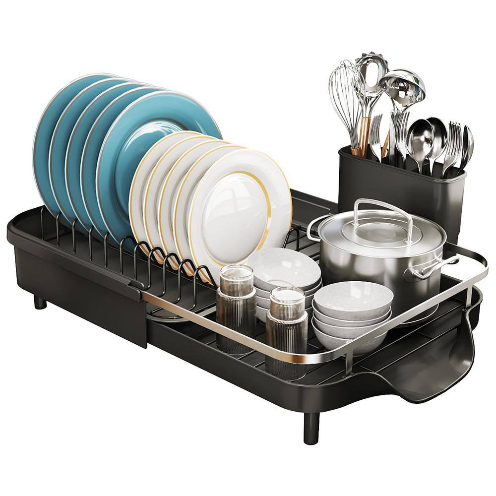 Black Stainless Steel Expandable Dish Rack with Utensil Holder