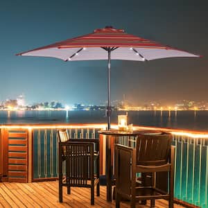 8.7 ft. Market Table Outdoor Patio Umbrella with Push Button Tilt and Crank, Red Stripes with 24 LED Lights
