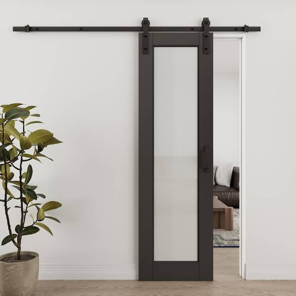 24 in. x 80 in. Waterproof 1-Lite Frosted Glass Black Finished MDF Sliding Barn Door with Hardware Kit and Soft Close