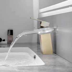 Single Handle Single Hole LED Bathroom Faucet with Spot Resistant in Brushed Gold