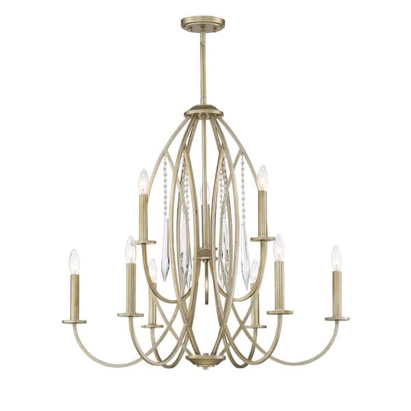 Designers Fountain Hutton 9-Light Sterling Gold Industrial Candle Chandelier for Dining Areas with No Bulbs Included