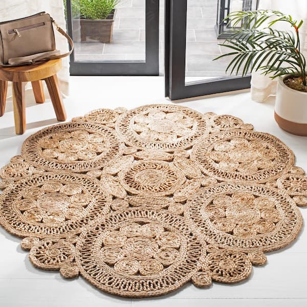 Natural Fiber Beige Doormat 3 ft. x 3 ft. Woven Floral Round Area Rug