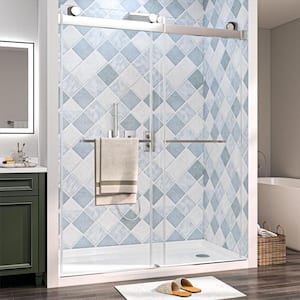 58 in. to 60 in. W x 76 in. H Sliding Frameless Shower Door Soft Close in Brushed Nickel with Clear Glass