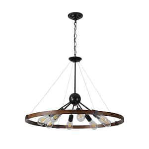 Retro 31.4 in. W 8-Light Walnut and Black Rustic Linear Chandelier for Kitchen with No Bulbs Included
