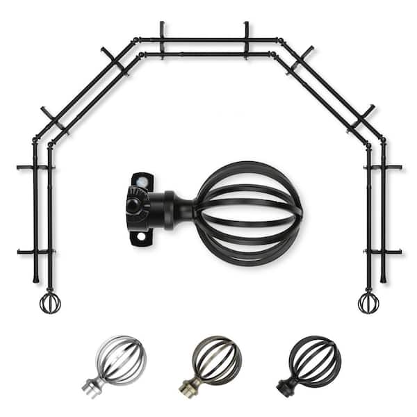 EMOH 13/16" Dia Adjustable 5-Sided Double Bay Window Curtain Rod 28 to 48" (each side) with Leoni Finials in Black