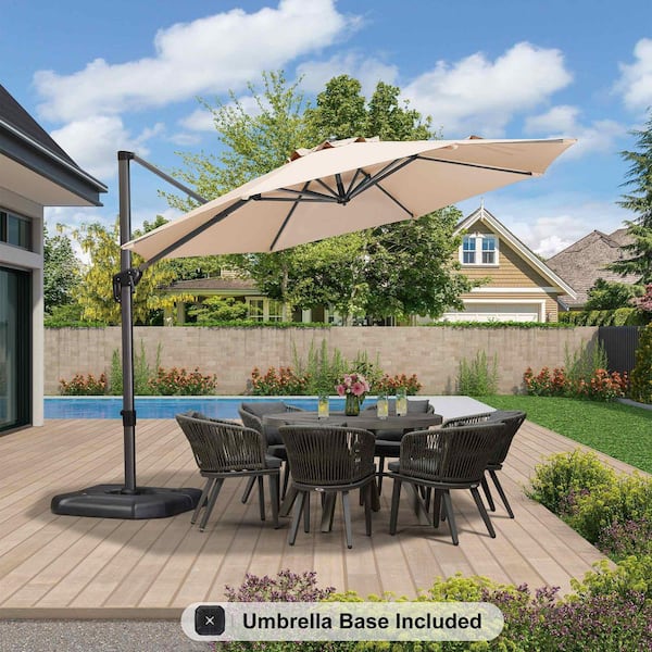 11 ft. Octagon Aluminum Outdoor Patio Cantilever Umbrella Offset 360° Rotation Umbrella with Base, Beige