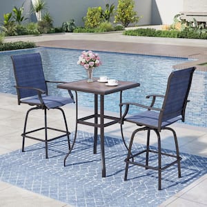 Black 3-Piece Metal Square Outdoor Patio Bar Set with Wood-Look Bar Table and Swivel Bistro Chairs