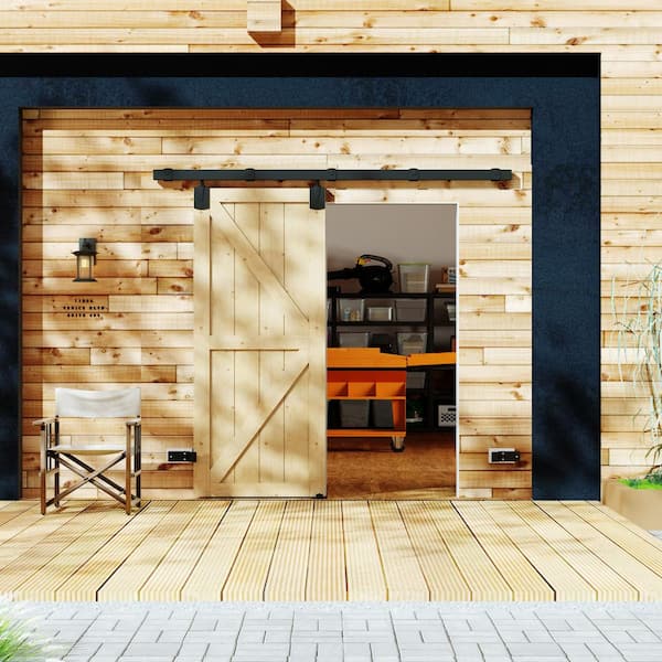 42 in. x 80 in. K-Shaped, Solid Pine Wood, Light Brown Primed Exterior Sliding Barn Door with Hardware Kit
