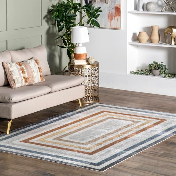 Lilac Striped Bordered Washable Multicolor 6 ft. x 6 ft. Indoor Area Rug