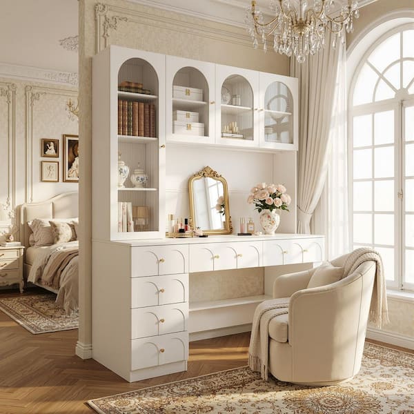 63 in, Width Rectangle White Wood 6-Drawer Computer Desk, Writing Desk, Vanity Table with 8 Shelves and 4 Glass Doors
