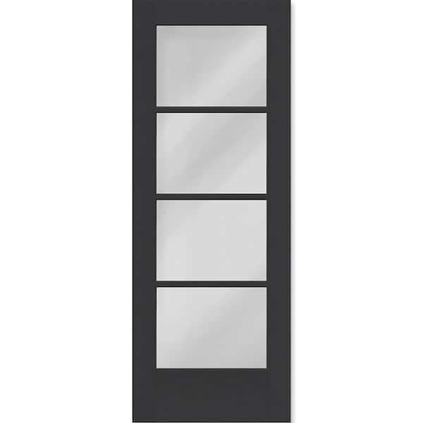 Legacy 32 in. x 96 in. Universal Handing Icon 4-Lite Modern Clear Glass Black Fiberglass Front Door Slab