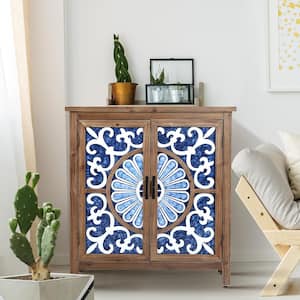 Floral Blue Accent Storage Cabinet with Wood Frame