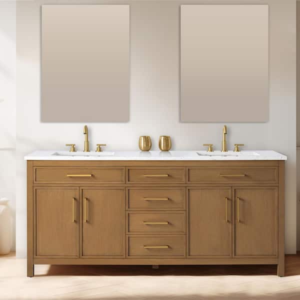 Logan 72 in. W Bath Vanity in Caramel with Engineered Stone Top in Carrara White with White Sinks